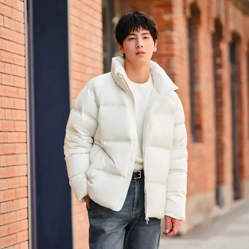 Semir white puffer down jacket, short style worn by male model