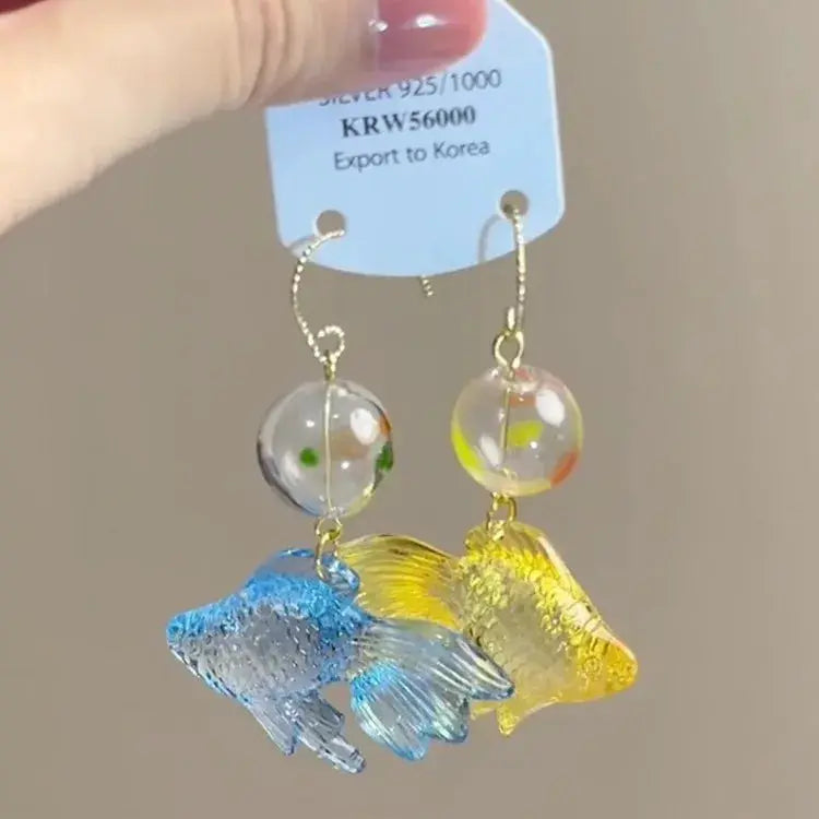 Simples Market goldfish drop earrings; transparent koi pendants with blue and yellow fish and clear glass beads (pair)