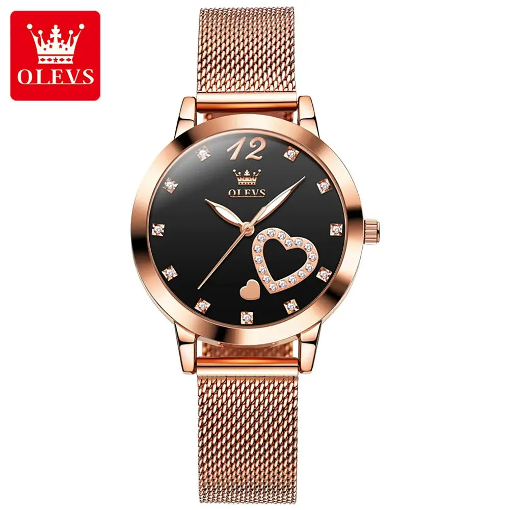 OLEVS women's rose-gold mesh strap watch with black dial and heart crystal accents