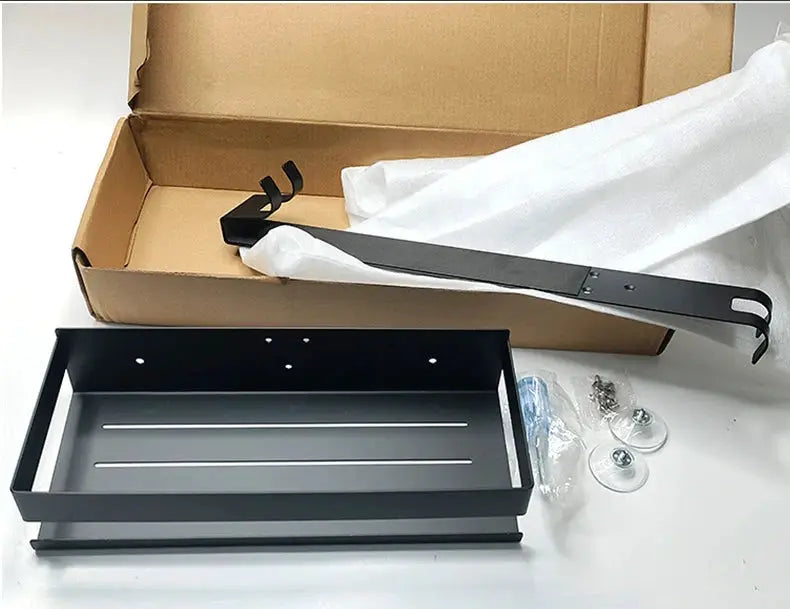 Movable black steel bathroom shelf set with no-drill brackets and mounting hardware