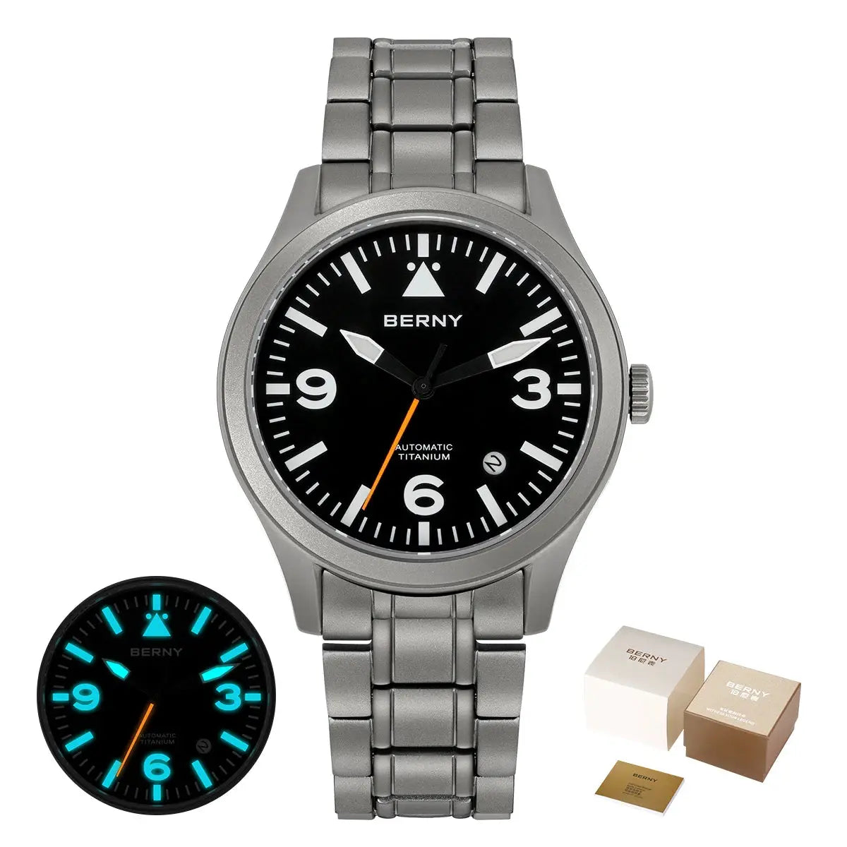 BERNY titanium automatic men's watch with black dial and silver bracelet; sapphire AR coating and packaging boxes included