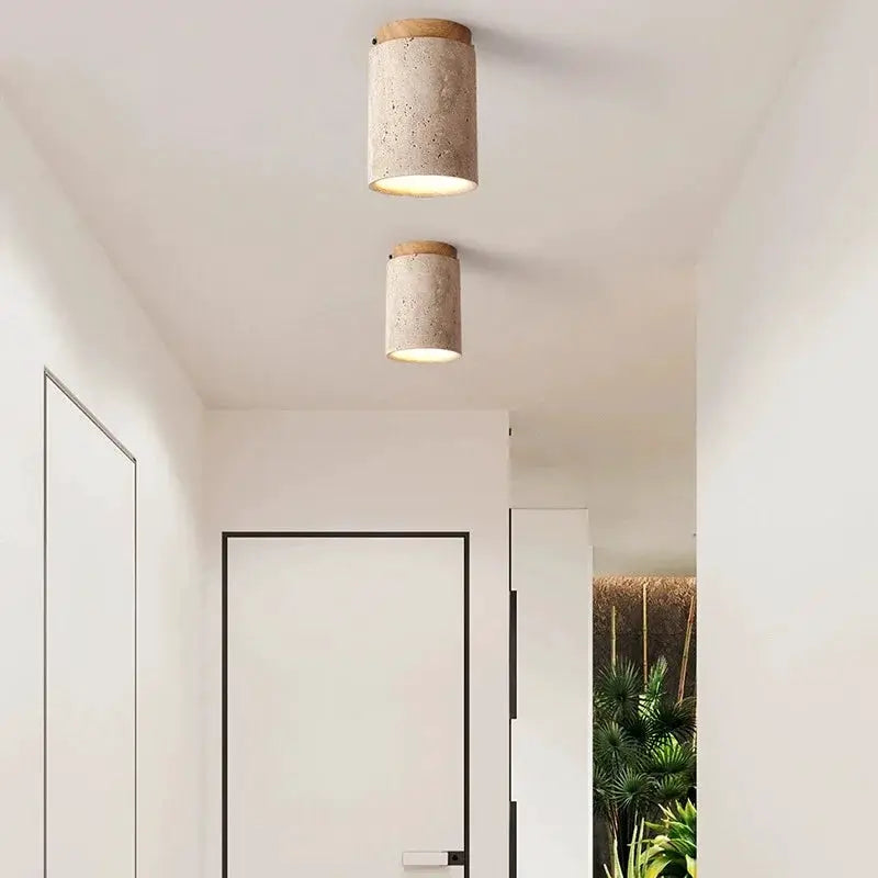 Japanese-style LED ceiling lamp by Simples Market, round stone and wood surface-mounted downlight in hallway (2 shown)