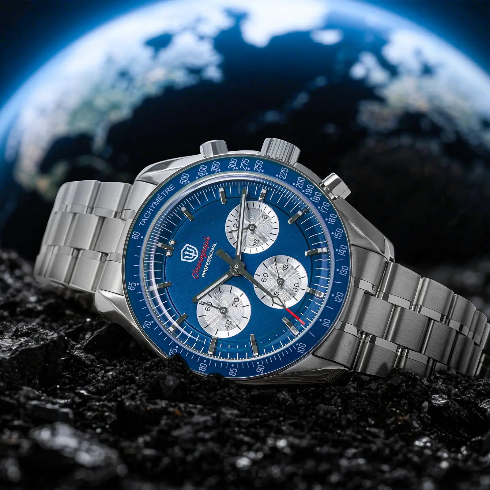 Watchdives WD1863 blue dial chronograph wristwatch with stainless steel bracelet and silver subdials