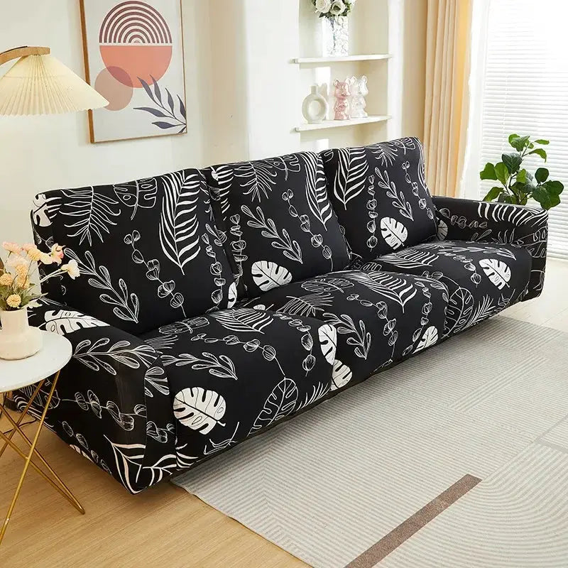 Elastic recliner sofa slipcover in black with white leaf print, fits 3-seat sofa for living room