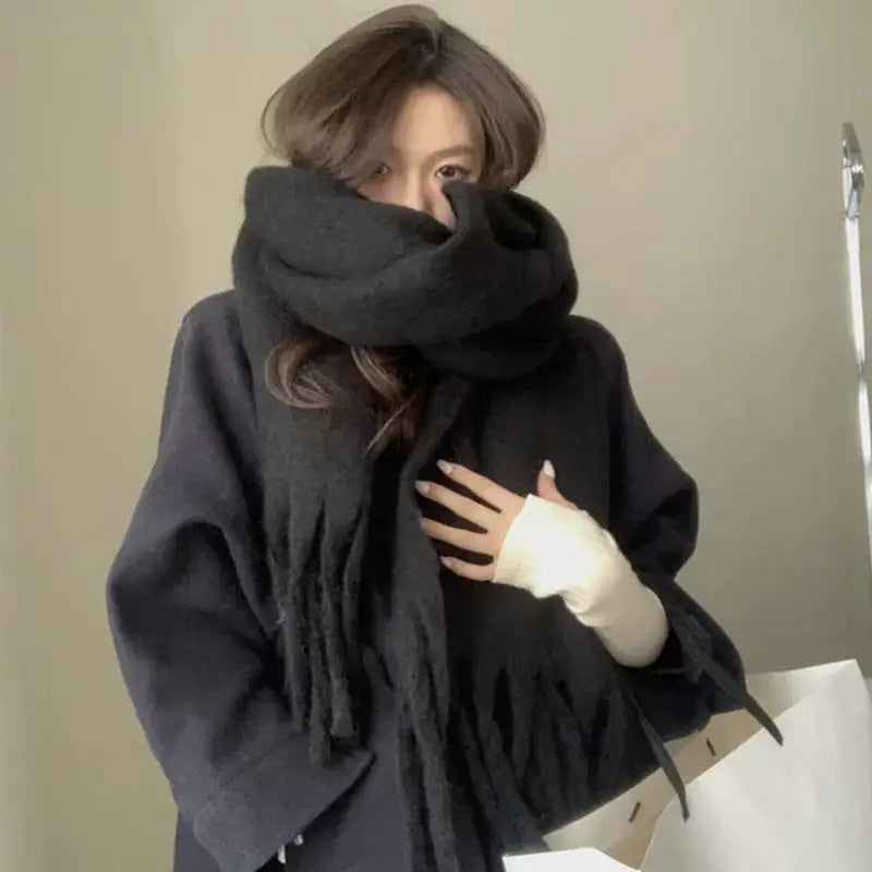 LuxeWeave Women Soft Winter Scarf Solid Color Long Tassel Wrap Thick Mohair Blend For Ultimate Warmth