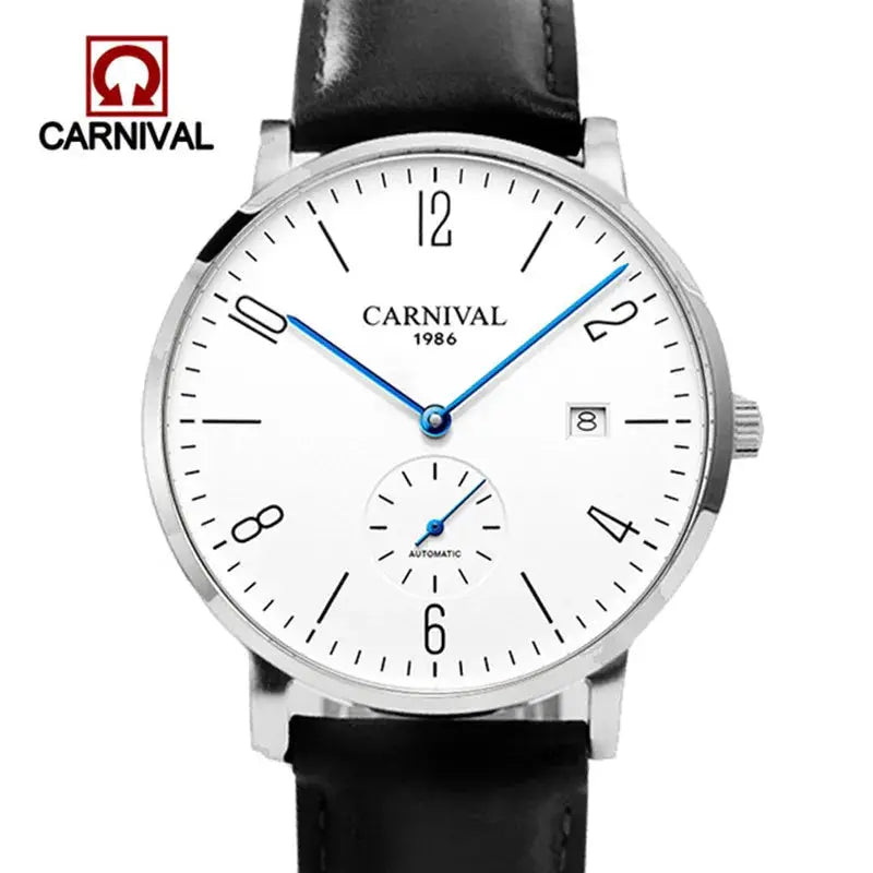 Carnival men's fashion watch with white dial, blue hands, date window, automatic movement, black leather strap