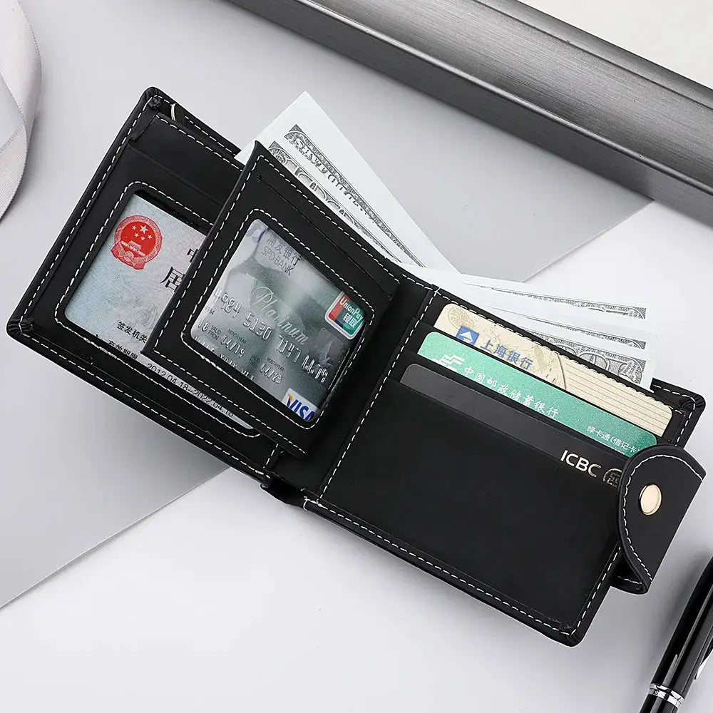 Men's black PU leather folding wallet with snap strap, clear ID window and multiple card slots