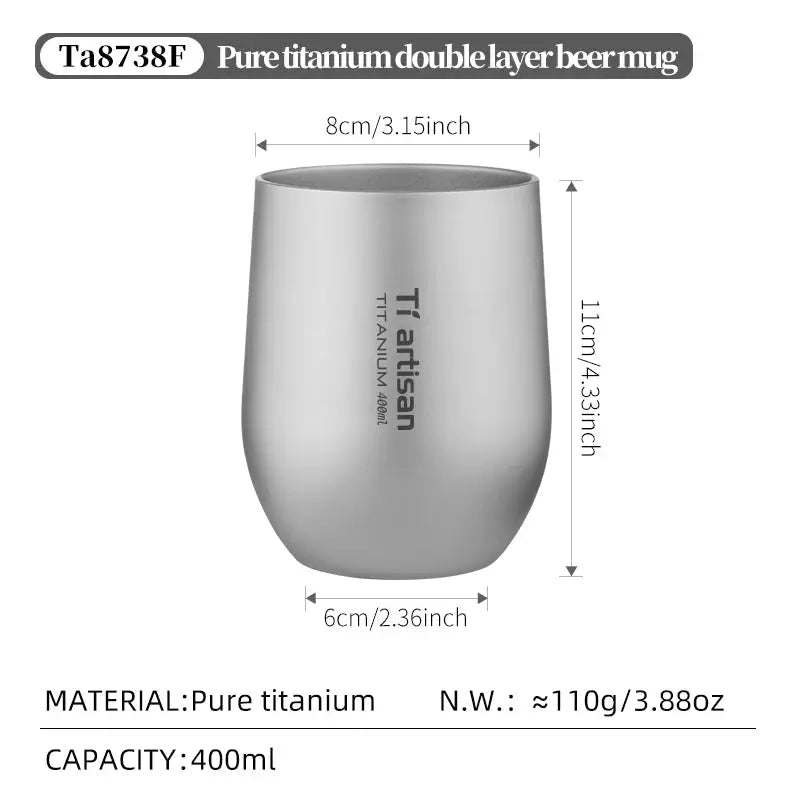 Tiartisan pure titanium double-layer beer mug, 400ml capacity, outdoor camping drinkware