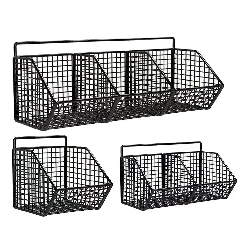 Wall-mounted metal wire kitchen storage basket set, black, four-compartment rack for spices, garlic, onions.