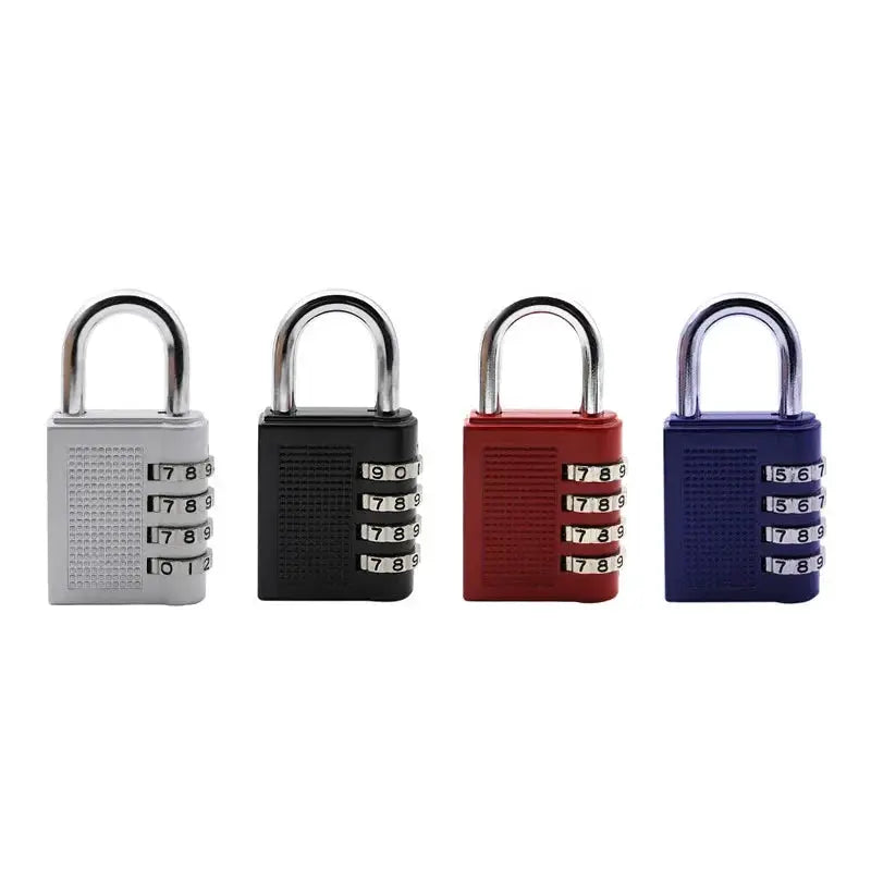 Set of 4 zinc alloy large 4-digit combination padlocks for luggage in silver, black, red, and blue