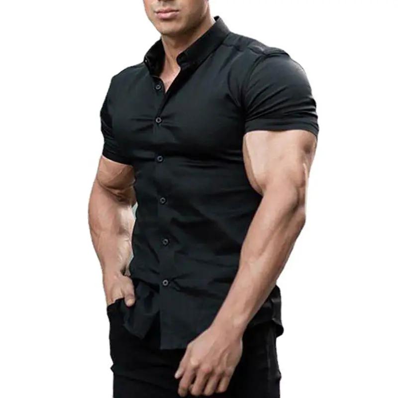 Simples Market men's black super slim-fit short-sleeve dress shirt
