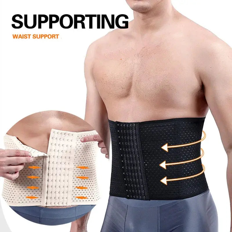Men's slimming waist trainer belt by Simples Market, black with adjustable hook closure