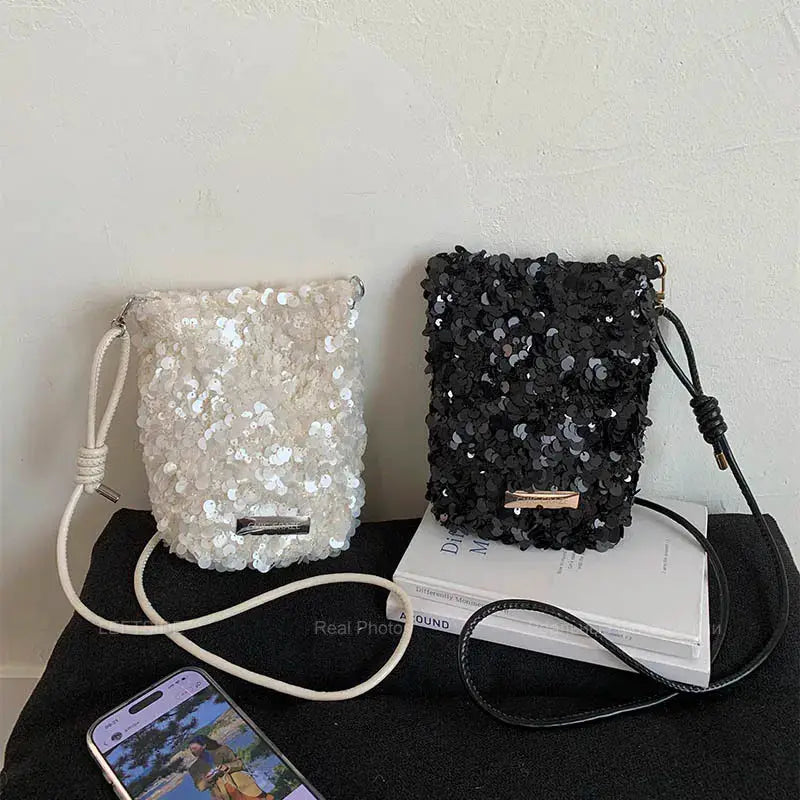Leftside mini sequins shoulder bags for women, two bags in white and black with crossbody straps