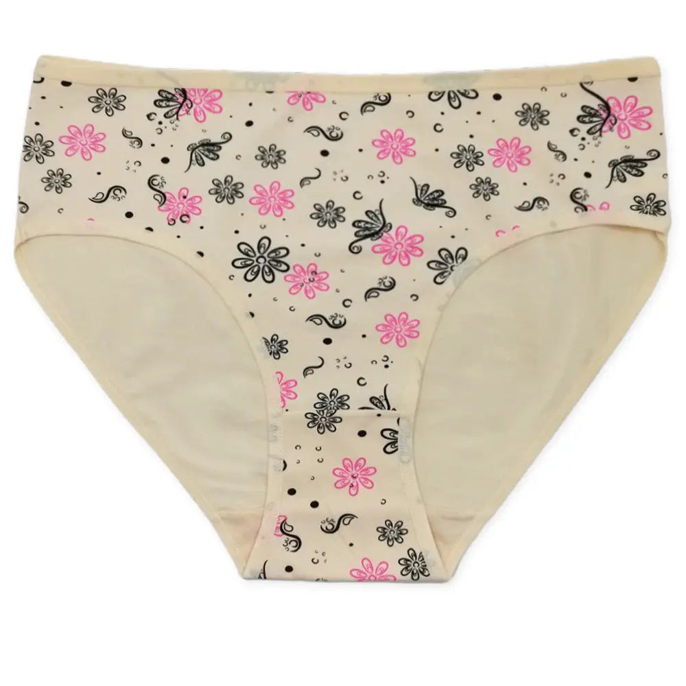 Women's cotton briefs in beige with pink and black floral print, mid-rise underwear