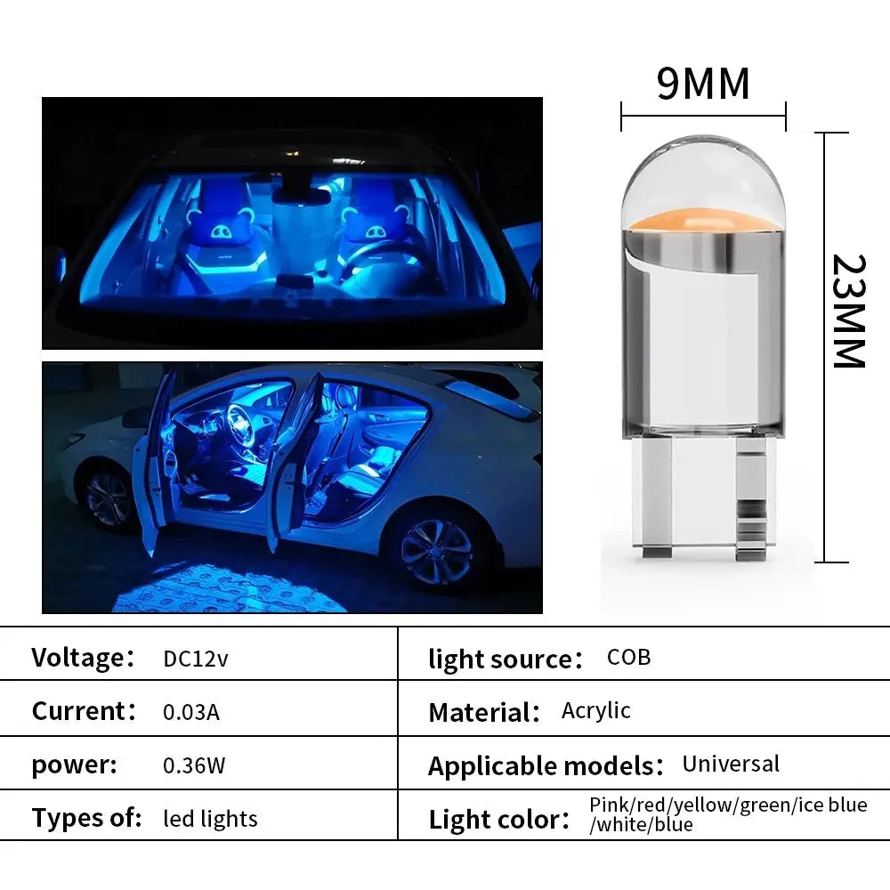 10X New W5W LED T10 COB Glass Interior Bulbs White Ice Blue Yellow 12V For Dome Lights And License Plate