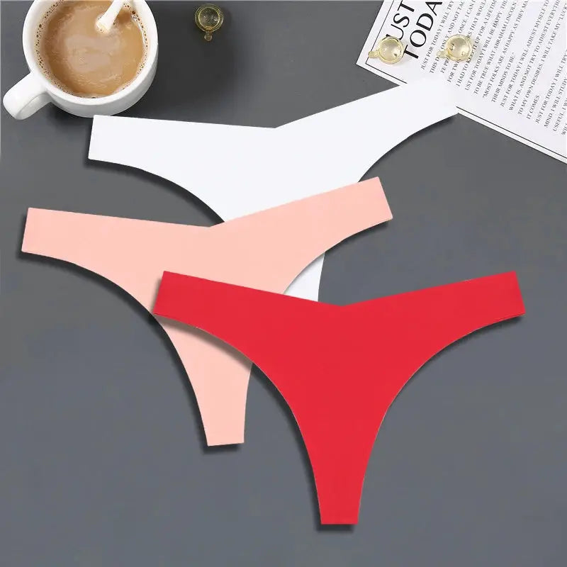 FINETOO 3-pack women ice silk seamless V-waist thongs in white, peach, red by Simples Market