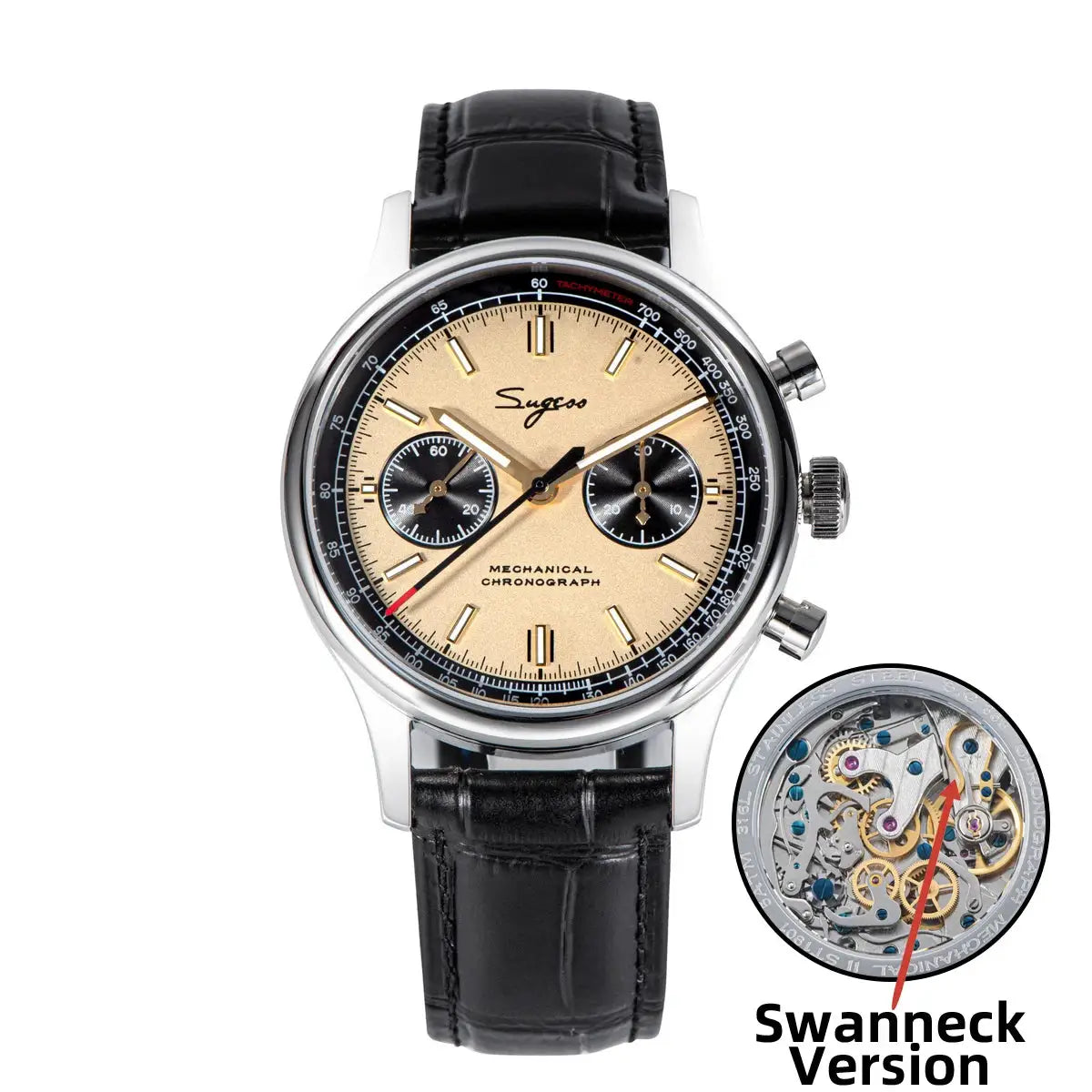 Sugess 1963 Pilot Panda mechanical chronograph watch with beige dial and black leather strap
