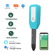 Tuya Bluetooth soil tester in blue with probe; temperature and humidity detector compatible with Alexa and Google Home