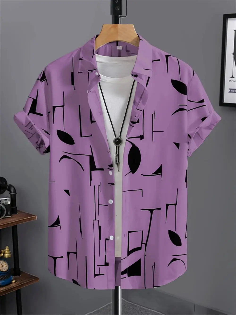 Simple Men's Shirt by Simples Market; lavender purple with black abstract geometric print, short sleeves