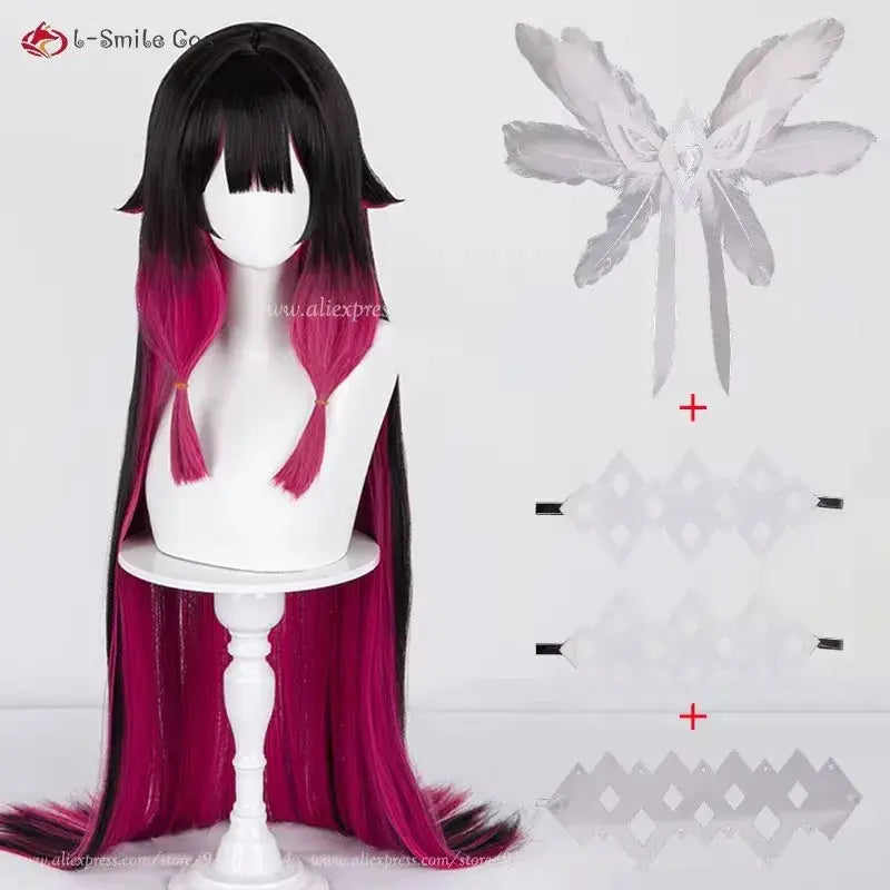 Columbina cosplay wig by Simples Market; Fatui Damselette style, heat-resistant black-to-pink ombre with wig cap, plus 3 accessories