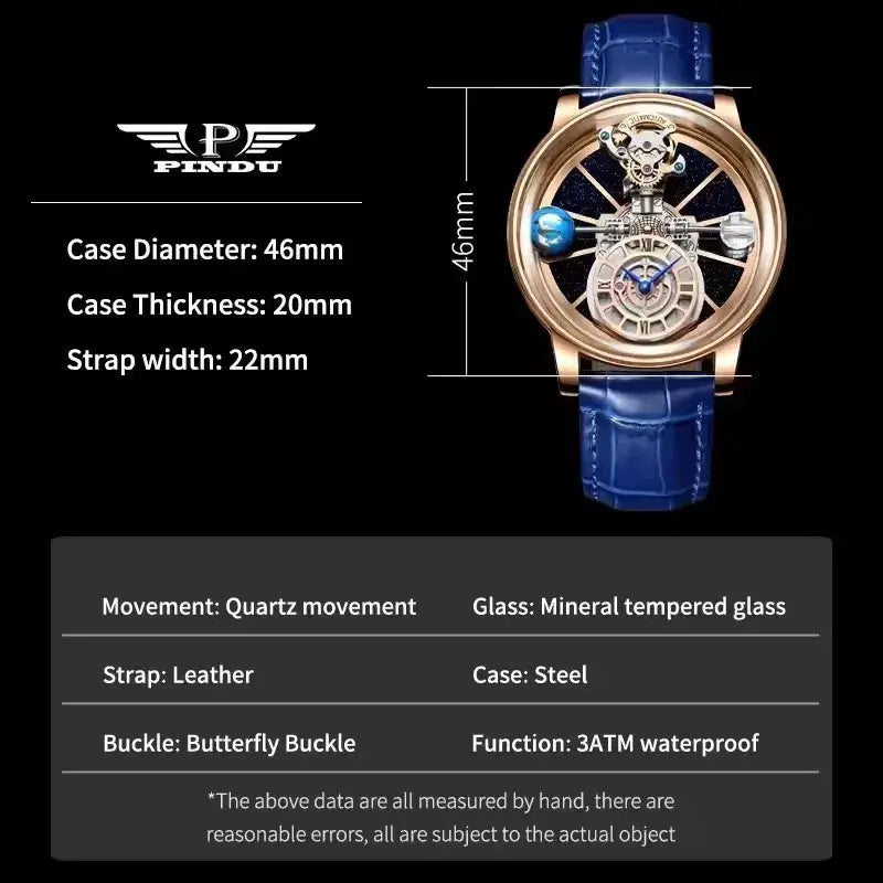 PINDU Design men's wristwatch with gold-tone case, blue leather strap, skeleton dial