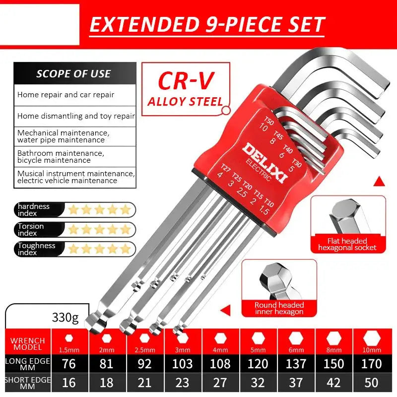 Delixi Electric Allen Key Set Hex Wrench Kit With Sleeve Universal Torque Long Metric For Motorcycles And Bicycles