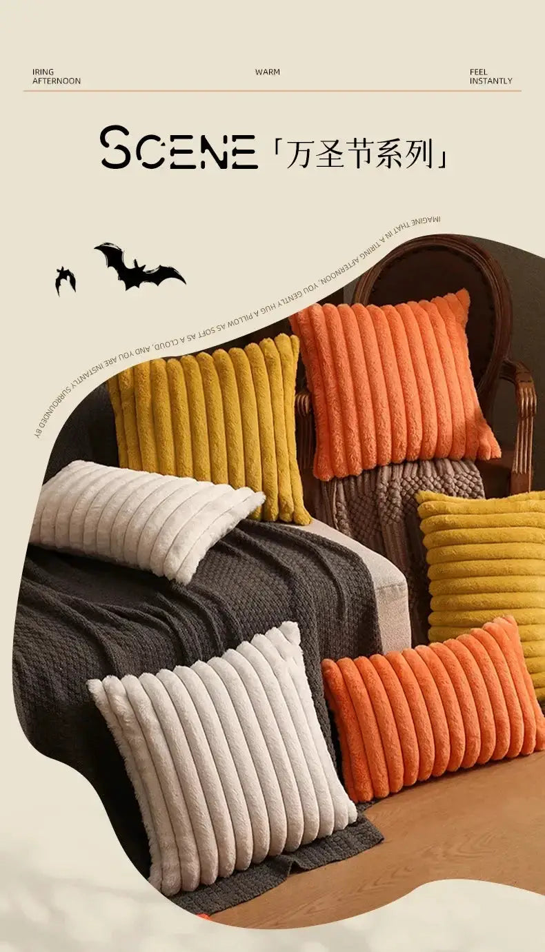 Faux rabbit fur cushion cover set with plush striped texture in yellow, orange, and white cushions.