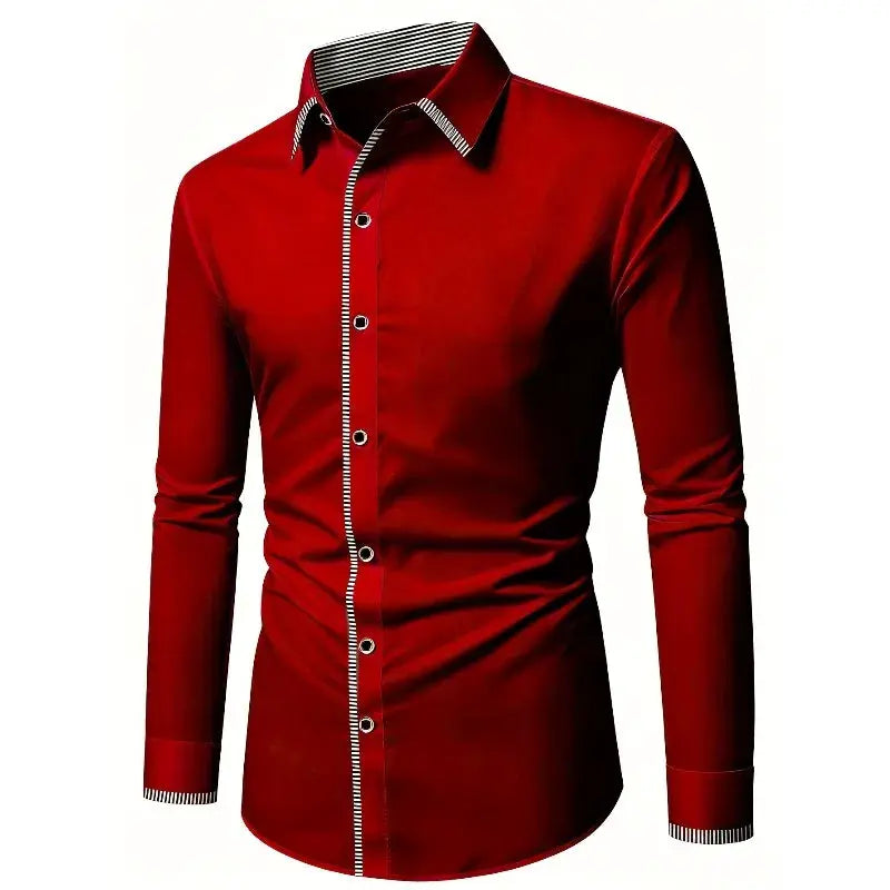 Men's red long-sleeve shirt with striped trim along placket, collar, and cuffs from Simples Market