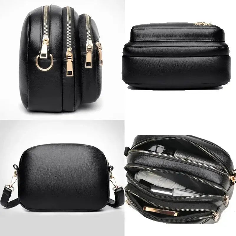 Simples Market leather shoulder bag in black with multiple zip compartments and gold hardware