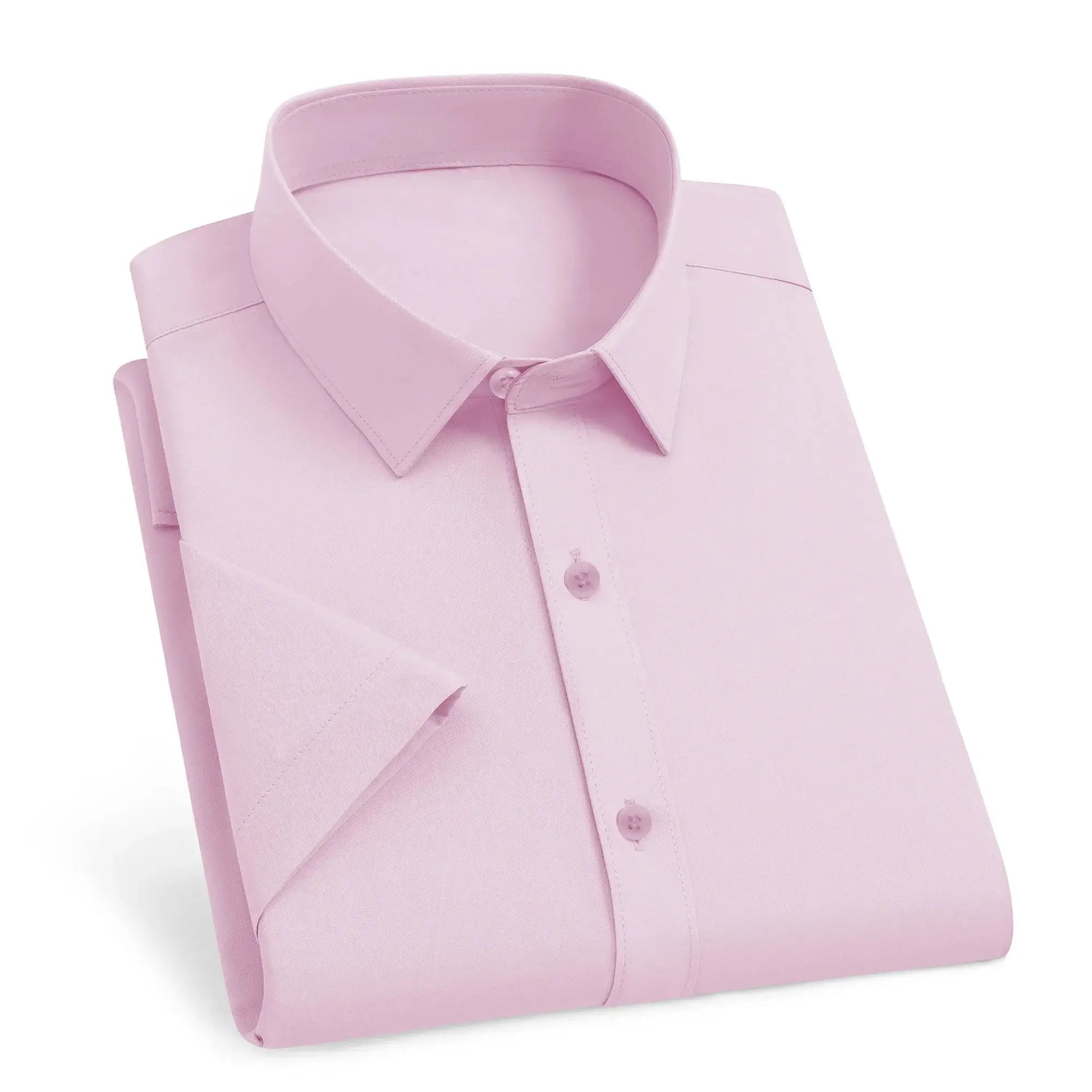 Men's pink short-sleeve dress shirt with collar and front button placket