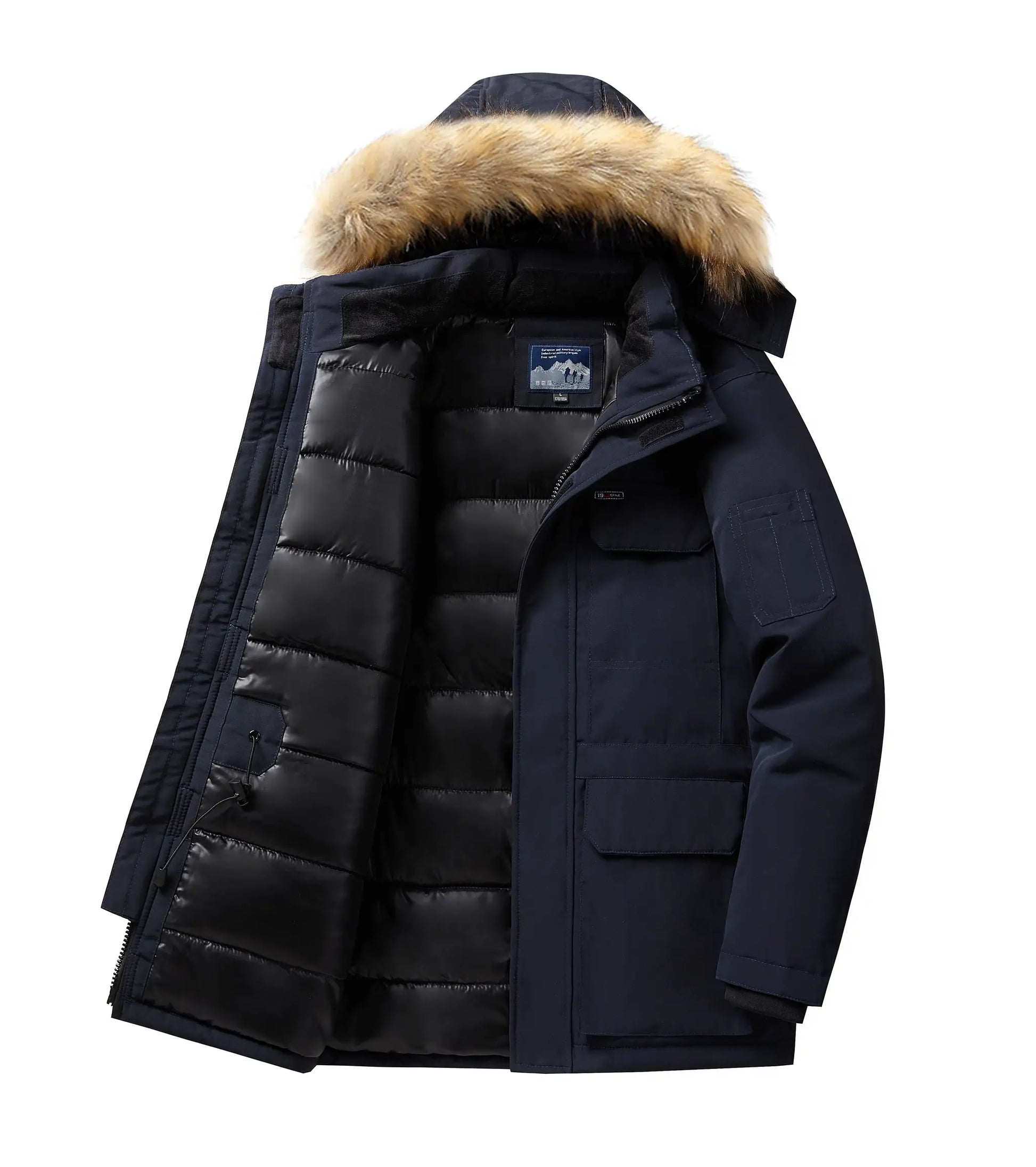 Men's navy fur-trimmed hooded down parka, mid-length from Simples Market