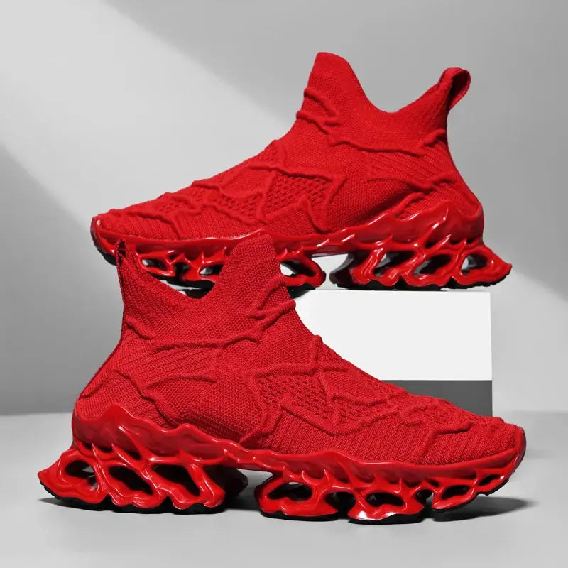 Red knit sneakers with sculpted red outsole, pair for men