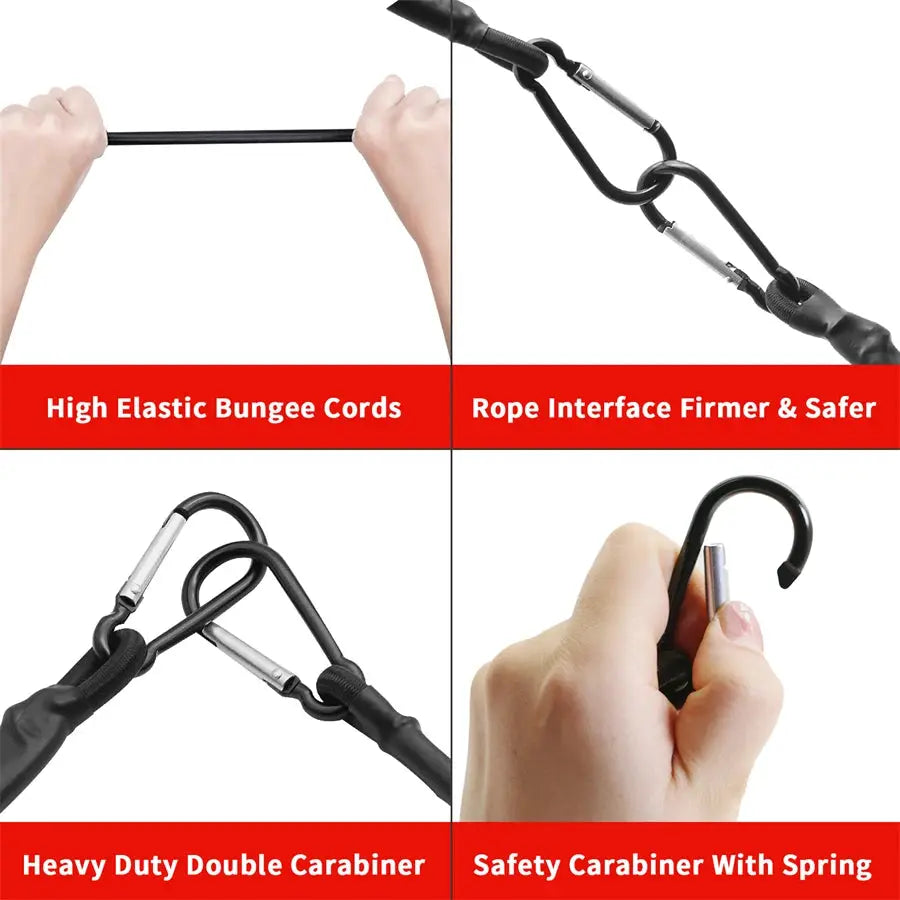 Simples Market 8mm stretch bungee cords with hooks; heavy-duty double carabiners and spring-loaded safety hooks