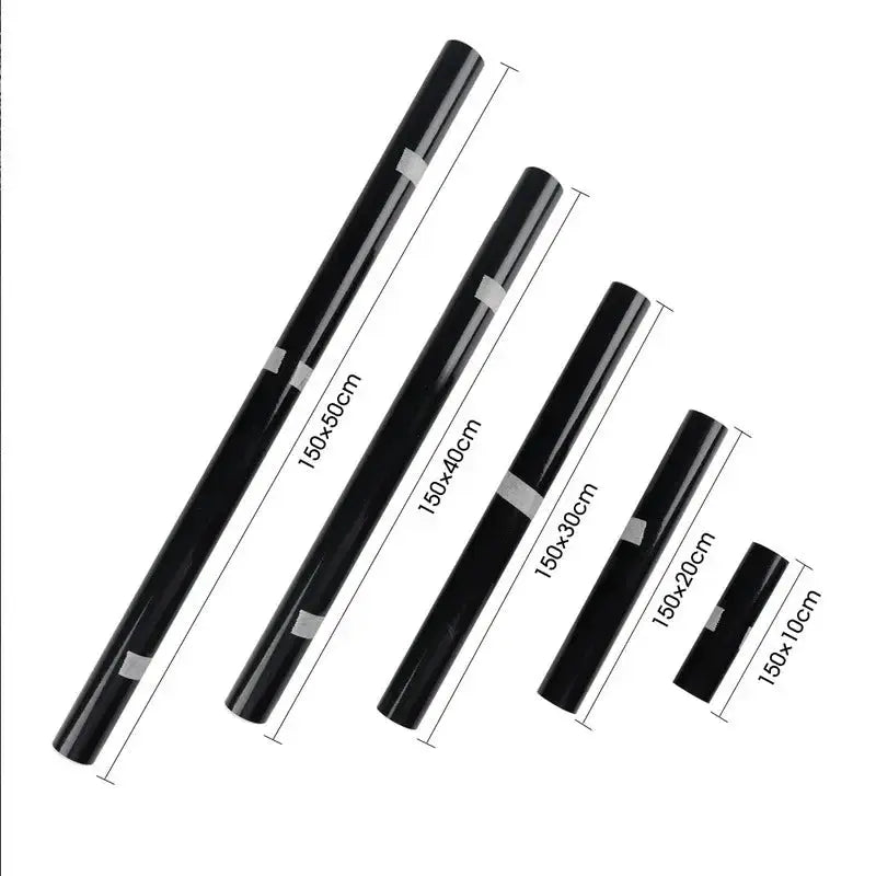 Simples Market set of five gloss black car vinyl wrap rolls; self-adhesive film in sizes 150x50 to 150x10 cm