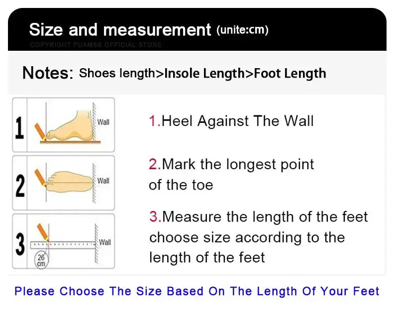 Sneakers size measurement guide in cm showing heel against the wall, marking toe point, and measuring foot length.