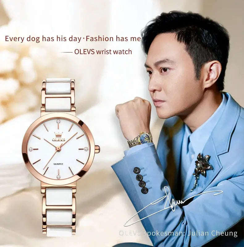 OLEVS women's wrist watch with rose gold case and white ceramic strap, quartz movement