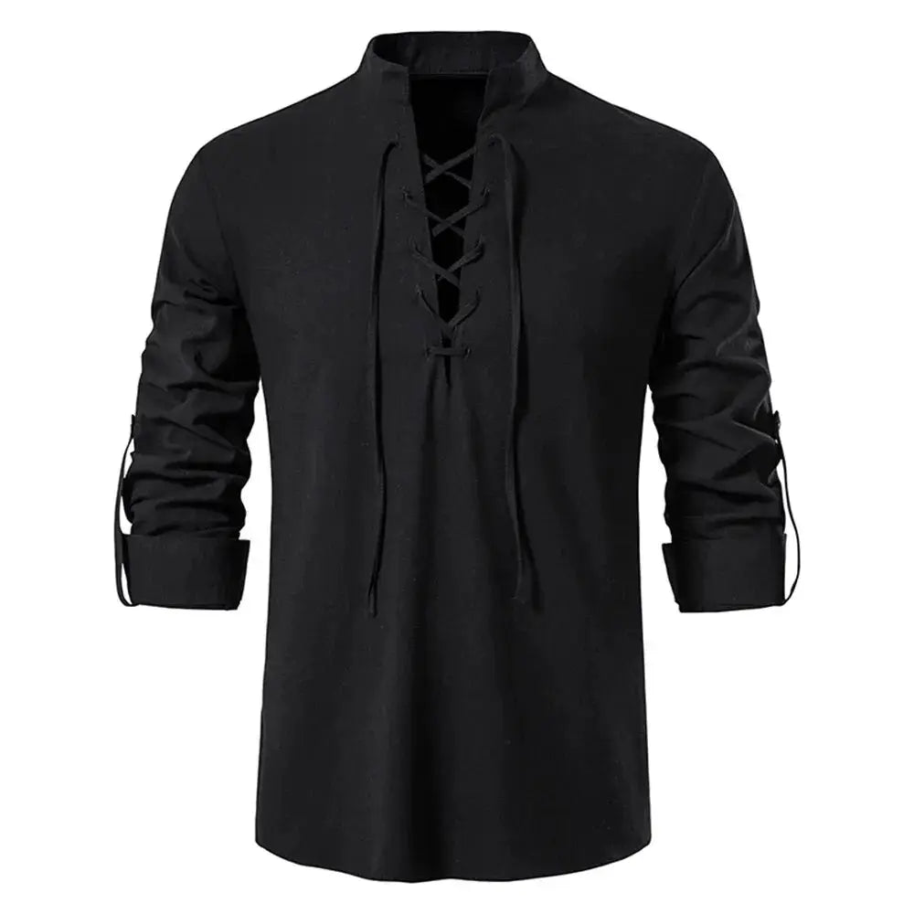 King Billion Mens Cotton Linen Long Sleeve Shirt Vintage English Style With Drawstring Neck US Size Spring Autumn