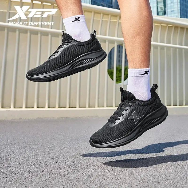 Two black Xtep men's running shoes with breathable mesh upper and soft sole