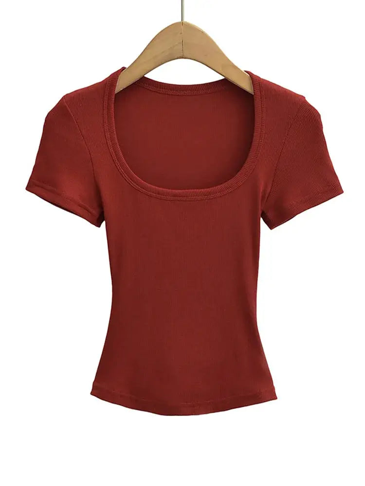 Womens Slim Fit Square Collar Crop Top High Stretch Short Sleeve Pullover Summer Blouse T Shirt For Layering