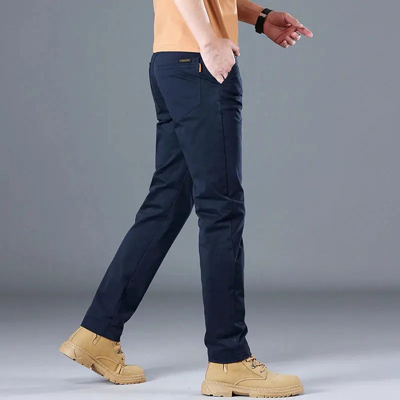 Men's slim straight navy pure cotton casual pants by Simples Market.