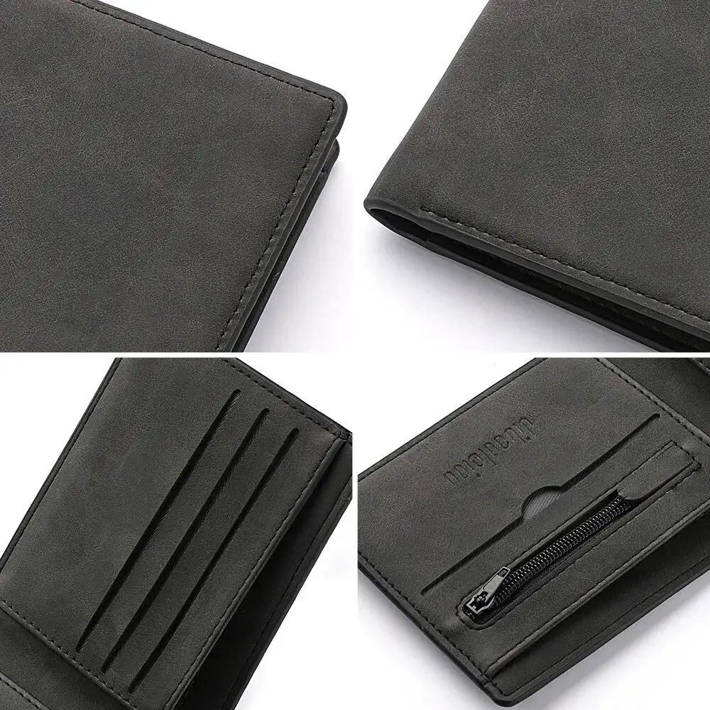 Men's black soft leather wallet with zip pocket and card slots