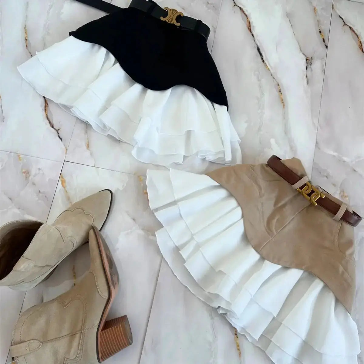 Simples Market Chic Ruffles women's midi skirts, high-waisted A-line, black with white tiers and beige with white tiers (2-pack)