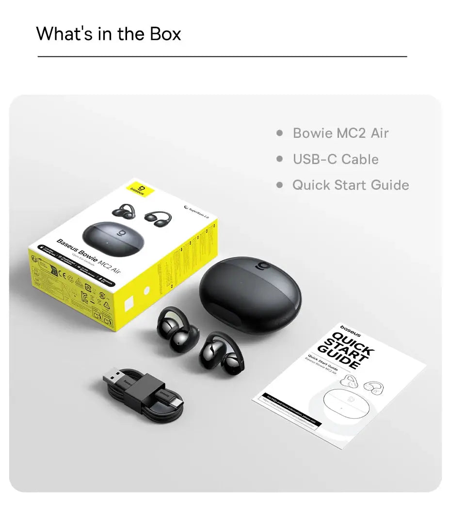 Baseus Bowie MC2 Air wireless TWS clip-on earbuds pair with charging case, USB-C cable, quick start guide