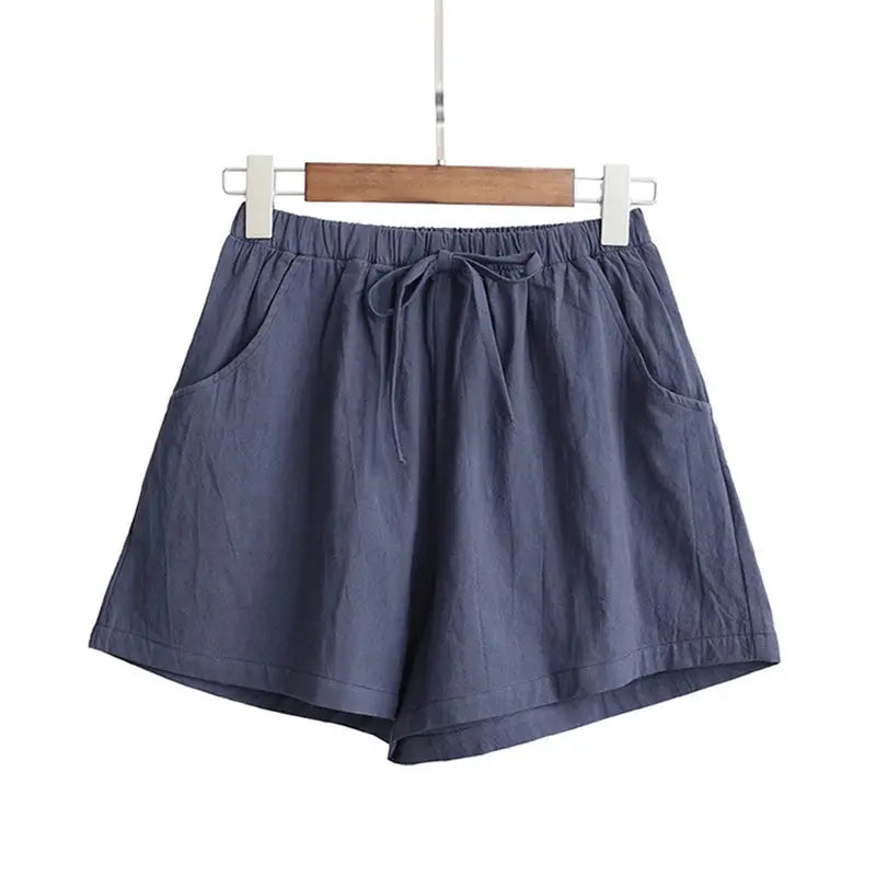 ITOOLIN women's navy linen shorts with high-waisted drawstring waist and pockets by Simples Market