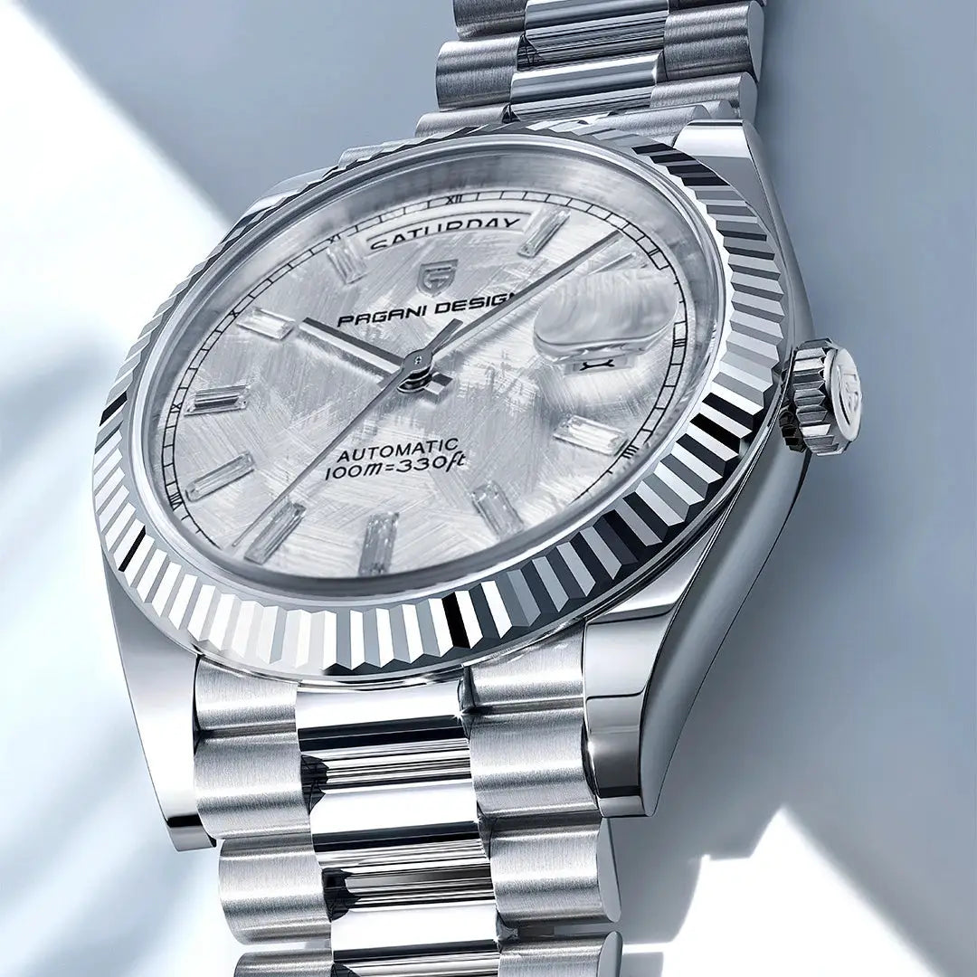 PAGANI DESIGN men's stainless steel automatic watch with fluted bezel, day/date window