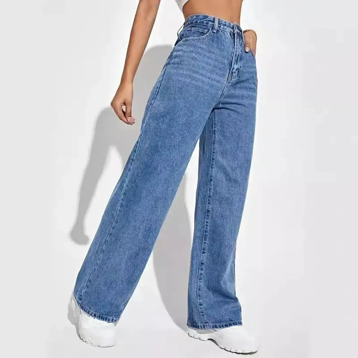 Retro Blue Jeans For Women Y2K High Waist Baggy Straight Leg Denim