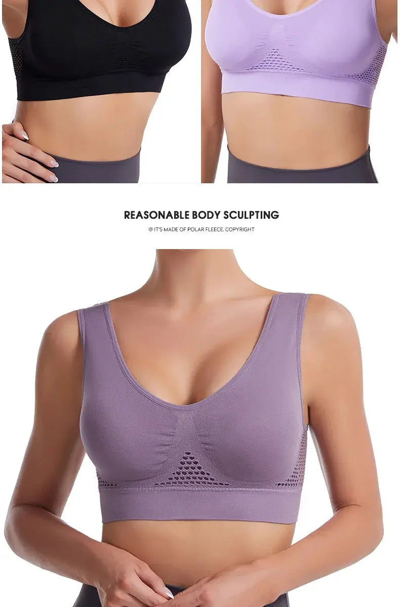 S-7XL Simples Market wireless sports bra with grid mesh ventilation; two color options shown: black and lavender