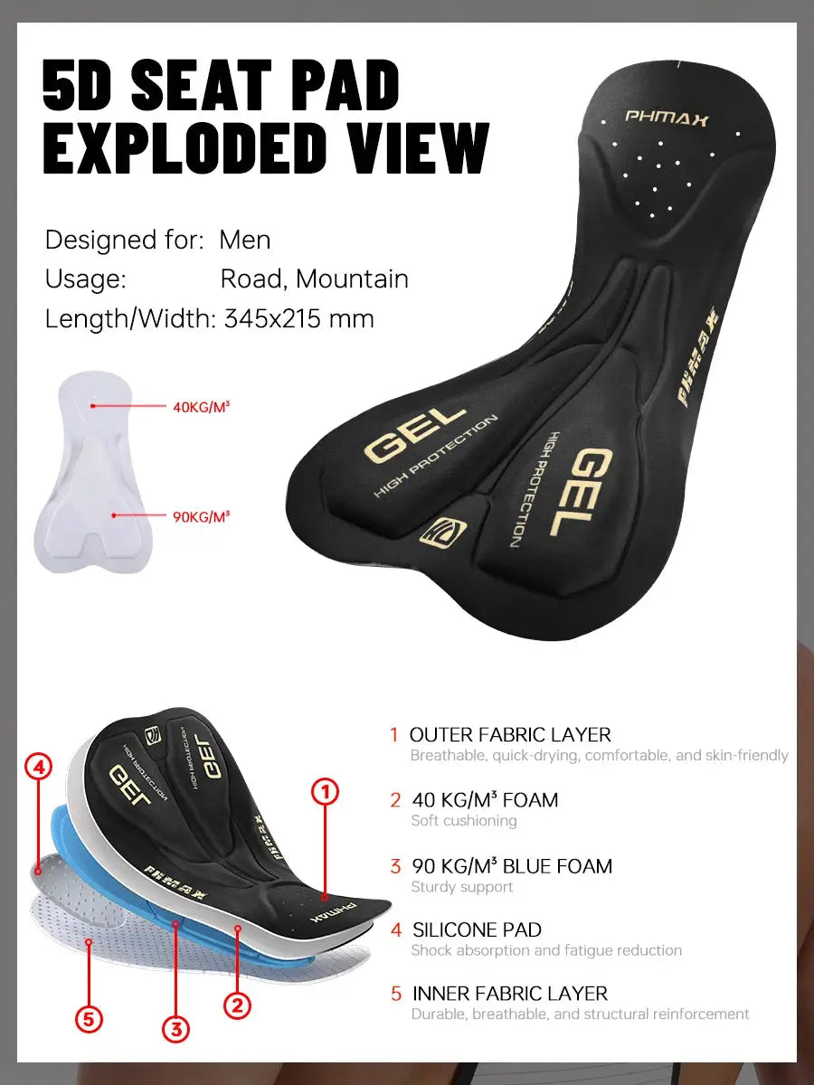 PHMAX 5D seat pad exploded view; layered foam and silicone pad on a black cycling saddle