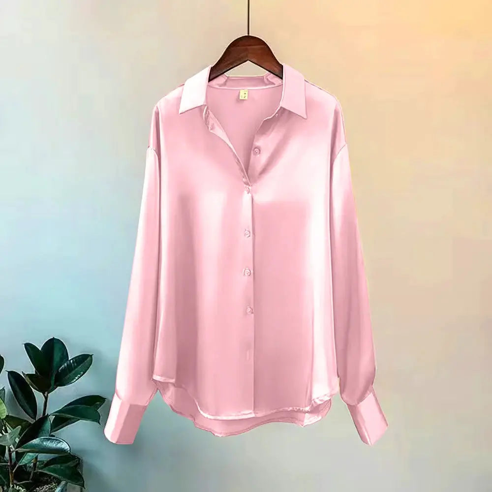 Aurora Couture Satin Blouse For Women All Season Comfort Button Front For Office And Casual Wear
