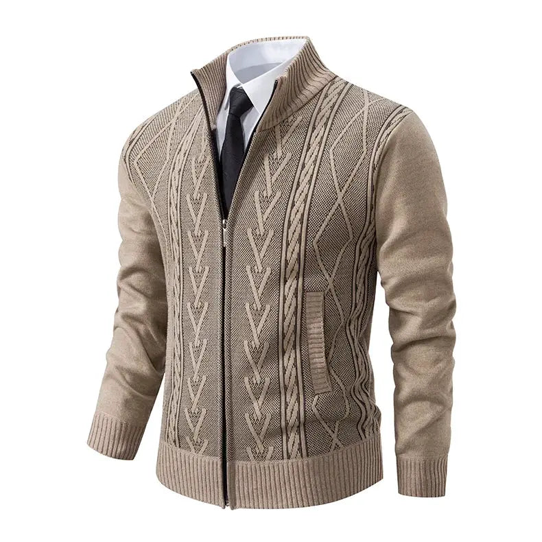 Men's cashmere padded knit sweater coat in beige with geometric pattern and zip by Simples Market